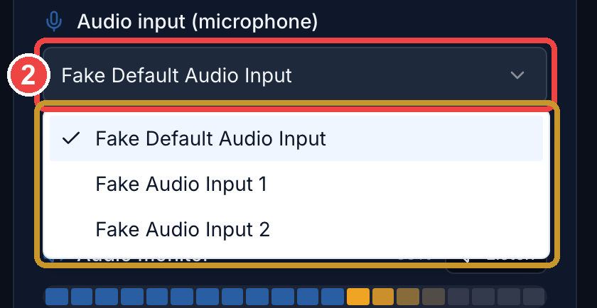 The audio input dropdown open, showing the list of devices
