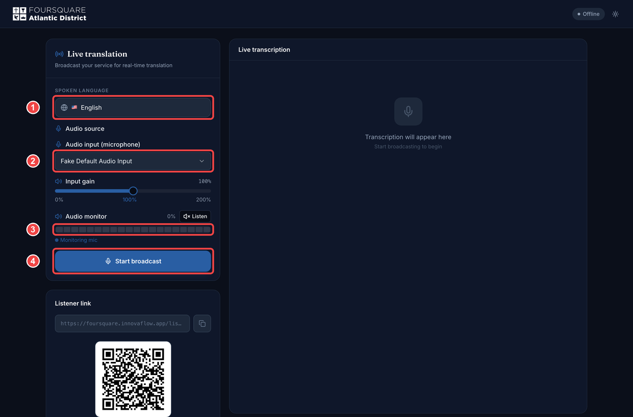 The broadcast page with the four controls marked 1 to 4